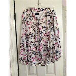 Lane Bryant Top Women's Size 12 Swing  Long Sleeve V-Neck Tie Neck Floral Blouse